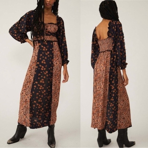 Free People Tigerlily Long Sleeve Boho Maxi Dress Black Size XS - Picture 1 of 16